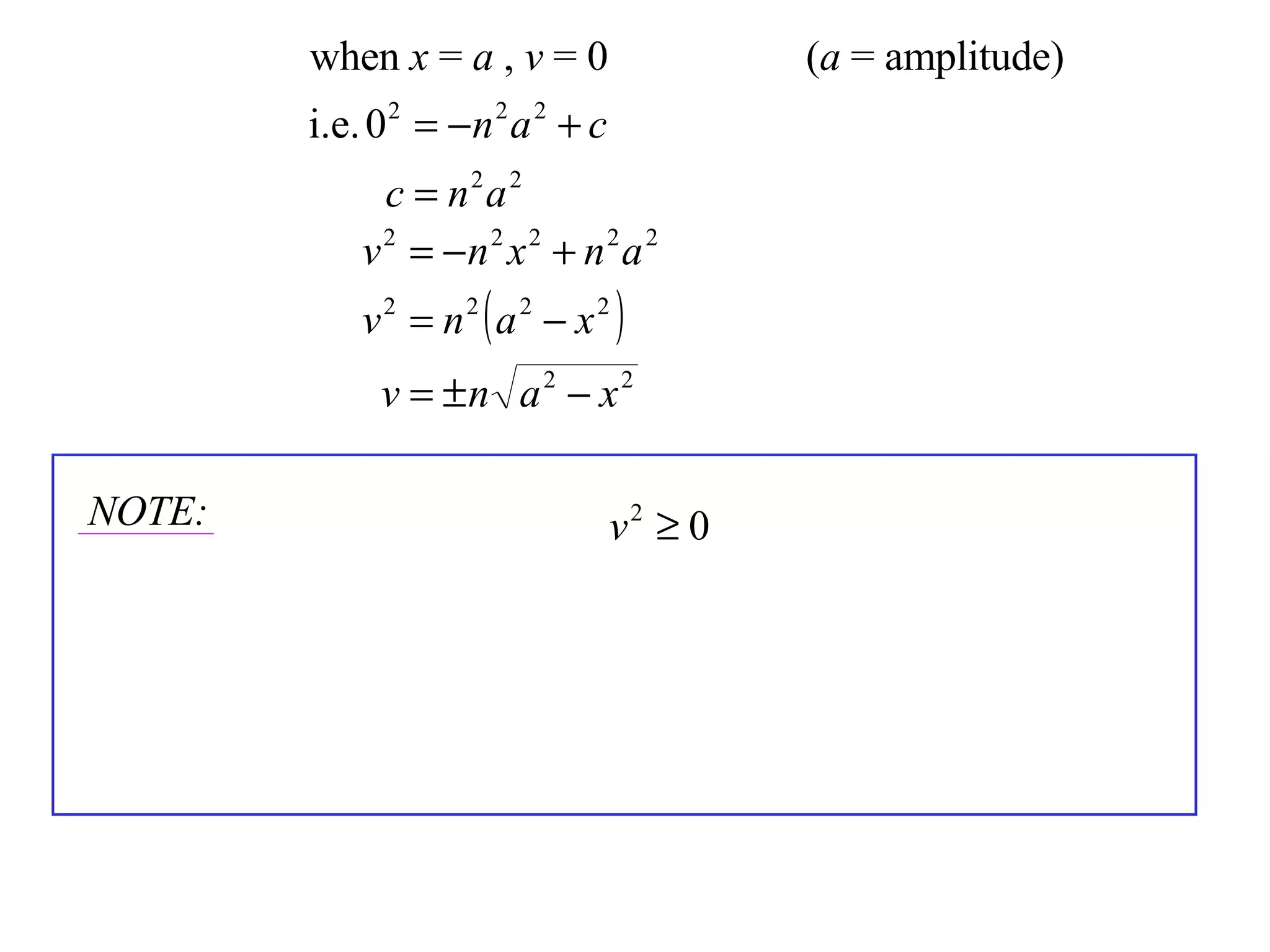 NOTE: when  x  =  a  ,  v  = 0 ( a  = amplitude) 