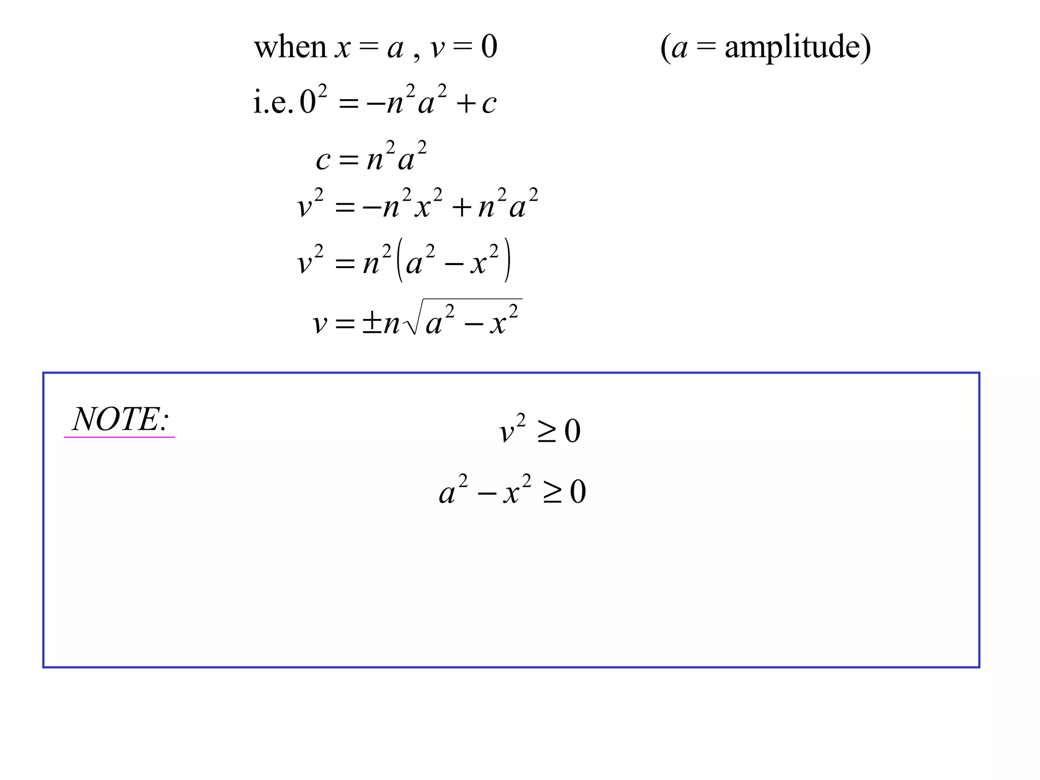 NOTE: when  x  =  a  ,  v  = 0 ( a  = amplitude) 