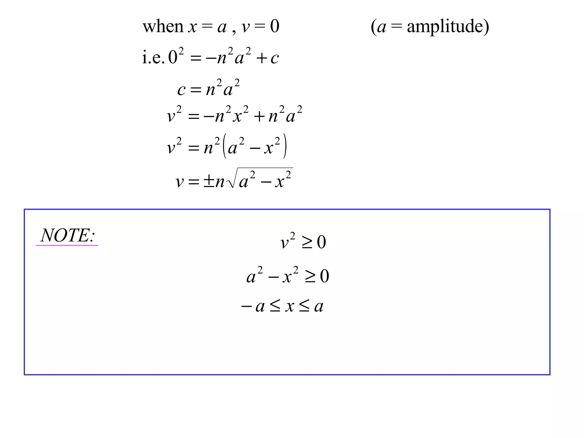 NOTE: when  x  =  a  ,  v  = 0 ( a  = amplitude) 