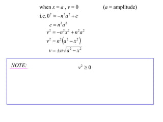 when x = a , v = 0                  (a = amplitude)
        i.e. 0 2   n 2 a 2  c
              c  n2a 2
            v 2  n 2 x 2  n 2 a 2
            v 2  n 2 a 2  x 2 
             v  n a 2  x 2

NOTE:                              v2  0
 