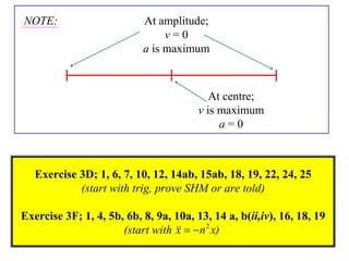 NOTE:                      At amplitude;
                                v=0
                           a is maximum



                                           At centre;
                                        v is maximum
                                             a=0



   Exercise 3D; 1, 6, 7, 10, 12, 14ab, 15ab, 18, 19, 22, 24, 25
            (start with trig, prove SHM or are told)

Exercise 3F; 1, 4, 5b, 6b, 8, 9a, 10a, 13, 14 a, b(ii,iv), 16, 18, 19
                      (start with    n 2 x)
                                  x
 
