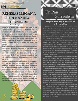 Ciudad de México, 03 septiembre 2019
ECONOMÍA
REMESAS LLEGAN A
UN MÁXIMO
HISTÓRICO
El envío de dinero a sus familias por parte de los
connacionales que viven y trabajan en el
extranjero alcanzó entre los meses de enero y julio
del presente año, un monto máximo histórico de
20 mil 524 millones de dólares, lo que significó un
incremento de 7.45 por ciento, equivalente a mil
422.37 millones de dólares, comparado con el
mismo periodo de 2018, según el Banco de
México.
Las transferencias electrónicas fueron el principal
mecanismo de envío por parte de los mexicanos
radicados en el exterior, con un monto total de 20
mil 182 millones de dólares; es decir, un
crecimiento de 8.07 por ciento con relación a los
18 mil 675 millones de dólares entre enero y julio
de 2018.
Las expectativas que propone el Banco de México
son que en este año se alcance un monto de
remesas de 35 mil millones de dólares, superior a
los 33 mil millones de dólares captados en 2018.
Las remesas de los mexicanos se han convertido
en la principal fuente de divisas, por encima de las
que genera el turismo y la exportación de petróleo
crudo. Tradicionalmente la entidad con mayor
porcentaje de hogares que reciben remesas es
Zacatecas, seguida de Michoacán y Nayarit.
Salazar Rodrigo
 