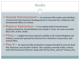 Studio
 Summit Entertainment – An American film studio and subsidiary
of Lions Gate Entertainment headquartered in Universal City, California with
international offices in London.
 Regency Enterprises – A Los Angeles-based entertainment
company formed by Arnold Milchan and Joseph P. Grace. Its most successful
film is Mr. & Mrs. Smith.
 Film4 – A digital television channel available in the United Kingdom and
Ireland, owned and operated by Channel Four Television Corporation, that
screens films.
 Plan B – An American film production company founded in 2002 by Brad
Pitt, Brad Grey and Jennifer Aniston. The company currently holds a release
deal with Paramount Pictures, along with Warner Bros. and 20th Century Fox.
 