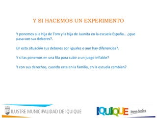 Y SI HACEMOS UN EXPERIMENTO
Y ponemos a la hija de Tom y la hija de Juanita en la escuela España… ¿que
pasa con sus deberes?.
En esta situación sus deberes son iguales o aun hay diferencias?.
Y si las ponemos en una fila para subir a un juego inflable?
Y con sus derechos, cuando esta en la familia, en la escuela cambian?
 