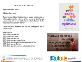 OBJETIVOS DEL TALLER
1.Aprender algo nuevo
2.Dejar algo nuevo
Terminamos el taller trabajando en grupo, elaborando un
“afiche-póster-cartel-hoja de oficio” con una idea fuerza,
un mensaje en el que podamos mostrar algunas de las
ideas desarrolladas en el taller.
Debe incluir los nombres de los que participaron en su
construcción.
aprendemos:
10 % de lo que leemos,
20 % de lo que oímos,
30 % de lo que vemos
50 % de lo que vemos y oímos
70 % de lo que discutimos con otras personas
80 % de lo que probamos
95 % de lo que enseñamos a otras personas
 