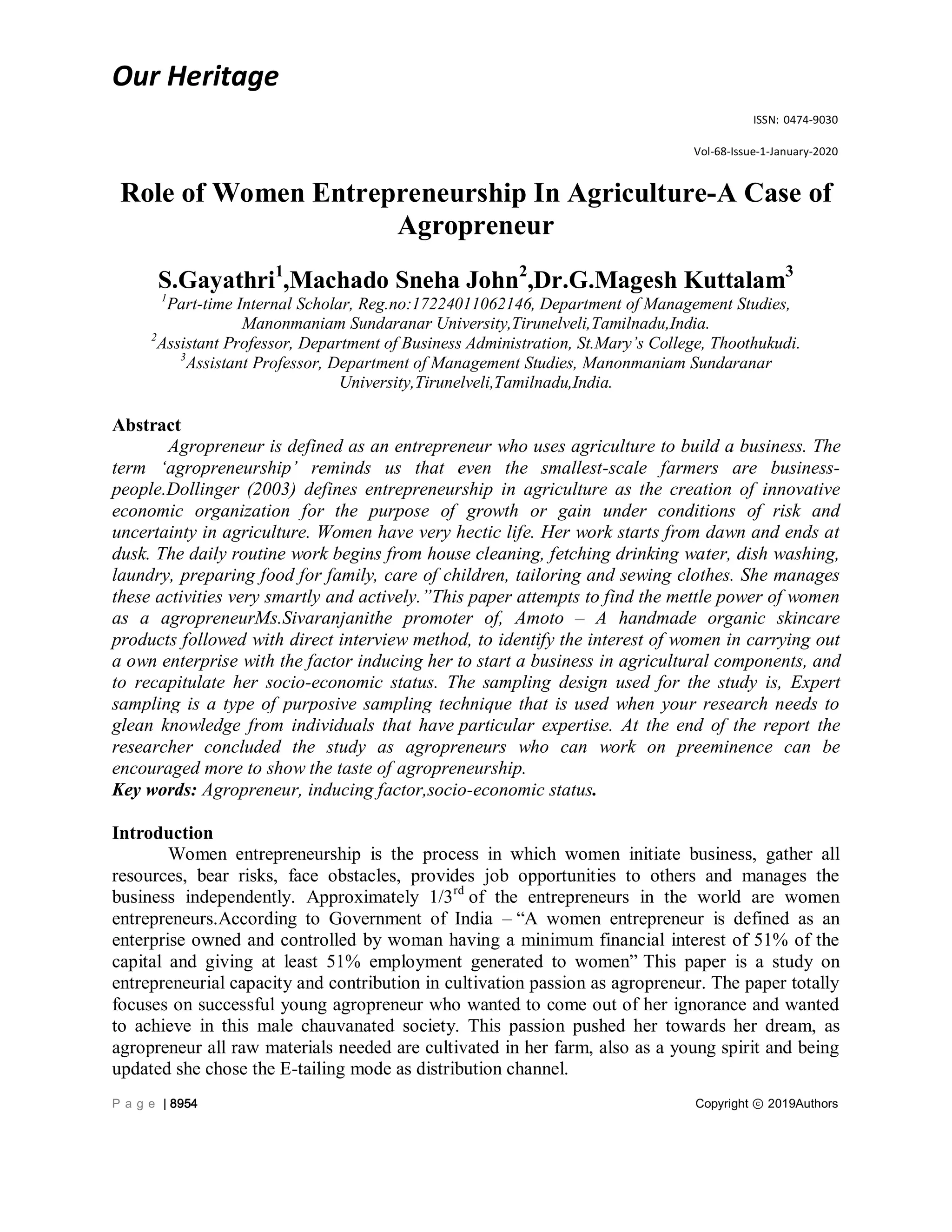 Role of Women Entrepreneurship In Agriculture-A Case of Agropreneur | PDF