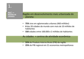1.
ALC —
REGIÃO DE   Região em desenvolvimento mais urbanizada do
CIDADES       planeta:

            • 75% vive em aglomerados urbanos (460 milhões)
            • 4 das 20 cidades do mundo com mais de 10 milhões de
              habitantes
            • 550 cidades entre 100.000 e 2 milhões de habitantes

            As cidades = centros de atividade econômica

            • 55% do Produto Interno Bruto (PIB) da região
            • 25% do PIB regional em 21 economias metropolitanas
 