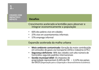 1.
CIDADES COM
IMPACTOS E
DÉFICITS      Desafios
              Crescimento acelerado x lentidão para absorver e
                integrar economicamente a população
              • 66% dos pobres vive em cidades
              • 27% vive em assentamentos informais
              • 57% emprego informal

              Expansão acelerada da malha urbana
              • Meio ambiente contaminado: Geração da maior contribuição
                em emissões de gases via transporte (35%) e indústria (17% )
              • Segurança deficiente: 90% das cidades com alto número de
                homicídios segundo padrões internacionais
              • Gestão municipal débil: Os impostos de
                propriedade representam 0,34% do PIB – 2,12% nos países
                da OECD (Organização para a Cooperação e Desenvolvimento Econômico)
 