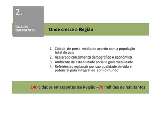 2.
CIDADES
EMERGENTES      Onde cresce a Região


                1. Cidade de porte médio de acordo com a população
                   total do país
                2. Acelerado crescimento demográfico e econômico
                3. Ambiente de estabilidade social e governabilidade
                4. Referências regionais por sua qualidade de vida e
                   potencial para integrar-se com o mundo



       140 cidades emergentes na Região –70 milhões de habitantes
 