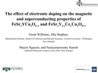 The effect of electronic doping on the magnetic and superconducting properties of FeSr 2 YCu 2 O 6+x  and FeSr 2 Y 2-y Ce y Cu 2 O 8+x Grant Williams, Jibu Stephen, MacDiarmid Institute,   School of Chemical and Physical Sciences, Victoria University,  Wellington, New Zealand Huyen Nguyen, and Narayanaswamy Suresh Industrial Research Limited, Lower Hutt, New Zealand 
