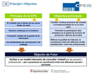 Principis i Objectius3
Principis de la CPS
El ciutadà com a titular de les seves
dades de salut
Generar confiança en el si...