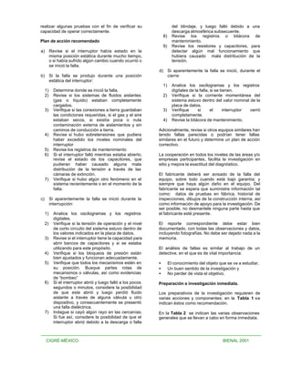 realizar algunas pruebas con el fin de verificar su                         del blindaje, y luego falló debido a una
capacidad de operar correctamente.                                          descarga atmosférica subsecuente.
                                                                     8)     Revise los registros o bitácora de
Plan de acción recomendado                                                  mantenimiento.
                                                                     9)     Revise los resistores y capacitores, para
a)        Revise si el interruptor había estado en la                       detectar algún mal funcionamiento que
          misma posición estática durante mucho tiempo,                     hubiera causado mala distribución de la
          o si había sufrido algún cambio cuando ocurrió o                  tensión.
          se inició la falla.
                                                                d)        Si aparentemente la falla se inició, durante el
b)        Si la falla se produjo durante una posición                     cierre:
          estática del interruptor:
                                                                     1)     Analice los oscilogramas y los registros
     1)     Determine donde se inició la falla.                             digitales de la falla, si se tienen.
     2)     Revise si los sistemas de fluidos aislantes              2)     Verifique si la corriente momentánea del
            (gas o líquido) estaban completamente                           sistema estuvo dentro del valor nominal de la
            cargados.                                                       placa de datos.
     3)     Verifique si las conexiones a tierra guardaban           3)     Verifique      si      el      interruptor cerró
            las condiciones requeridas, si el gas y el aire                 completamente.
            estaban secos, si existía poca o nula                    4)     Revise la bitácora de mantenimiento.
            contaminación externa de aislamientos y sin
            caminos de conducción a tierra.                     Adicionalmente, revise si otros equipos similares han
     4)     Revise si hubo sobretensiones que pudiera           tenido fallas parecidas o podrían tener fallas
            haber excedido los niveles nominales del            similares en el futuro y determine un plan de acción
            interruptor                                         correctivo.
     5)     Revise los registros de mantenimiento
     6)     Si el interruptor falló mientras estaba abierto,    La cooperación en todos los niveles de las áreas y/o
            revise el estado de los capacitores, que            empresas participantes, facilita la investigación en
            pudieran haber causado alguna mala                  sitio y mejora la exactitud del diagnóstico.
            distribución de la tensión a través de las
            cámaras de extinción.                               El fabricante deberá ser avisado de la falla del
     7)     Verifique si hubo algún otro fenómeno en el         equipo, sobre todo cuando está bajo garantía; y
            sistema recientemente o en el momento de la         siempre que haya algún daño en el equipo. Del
            falla.                                              fabricante se espera que suministre información tal
                                                                como: datos de pruebas en fábrica, historial de
c)        Si aparentemente la falla se inició durante la        inspecciones, dibujos de la construcción interna, así
          interrupción:                                         como información de apoyo para la investigación. De
                                                                ser posible, no desmantele ninguna parte hasta que
     1)     Analice los oscilogramas y los registros            el fabricante esté presente.
            digitales.
     2)     Verifique si la tensión de operación y el nivel     El reporte correspondiente debe estar bien
            de corto circuito del sistema estuvo dentro de      documentado, con todas las observaciones y datos,
            los valores indicados en la placa de datos.         incluyendo fotografías. No debe ser dejado nada a la
     3)     Revise si el interruptor tiene la capacidad para    memoria.
            abrir bancos de capacitores y si se estaba
            utilizando para este propósito.                     El análisis de fallas es similar al trabajo de un
     4)     Verifique si los bloqueos de presión están          detective, en el que es de vital importancia:
            bien ajustados y funcionan adecuadamente.
     5)     Verifique que todos los mecanismos estén en         •         El conocimiento del objeto que se va a estudiar.
            su posición. Busque partes rotas de                 •         Un buen sentido de la investigación y
            mecanismos o válvulas, así como evidencias          •         No perder de vista el objetivo.
            de “bombeo”
     6)     Si el interruptor abrió y luego falló a los pocos   Preparación e investigación inmediata.
            segundos o minutos, considere la posibilidad
            de que este abrió y luego perdió fluido             Los preparativos de la investigación requieren de
            aislante a través de alguna válvula u otro          varias acciones y componentes; en la Tabla 1 se
            dispositivo, y consecuentemente se presentó         indican éstos como recomendación.
            una falla dieléctrica.
     7)     Indague si cayó algún rayo en las cercanías.        En la Tabla 2 se indican las varias observaciones
            Si fue así, considere la posibilidad de que el      generales que se llevan a cabo en forma inmediata.
            interruptor abrió debido a la descarga o falla



     CIGRÉ-MÉXICO                                                                                      BIENAL 2001
 