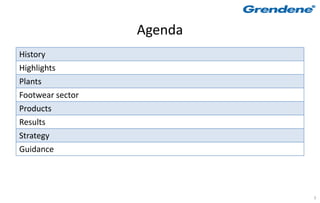 Agenda
History
Highlights
Plants
Footwear sector
Products
Results
Strategy
Guidance




                           3
 
