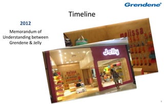 Timeline
       2012
   Memorandum of
Understanding between
   Grendene & Jelly




                                   8
 