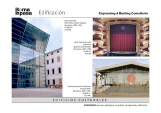 Edificación                                         Engineering & Building Consultants

          CCCB, Barceloa
          Helio Piñón, Albert Viaplana
          Barcelona, 1989- 1991
          32.000 m2
          27,0 M€




                      Gran Teatro del Liceo
                                  Barcelona
                     Ignasi De Solá Morales
                     Barcelona, 1995- 1998
                                 12.000 m2
                                    20,0 M€




              Teatro Nacional de Catalunya
                              Ricardo Bofill
                     Barcelona, 1989- 1994
                                 30.000 m2
                                   57,0 M€

     EDIFICIOS CULTURALES
                                   BOMAINPASA Servicios globales de consultoría en ingeniería y edificación
 
