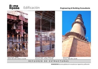 Edificación                                                 Engineering & Building Consultants




Museo Tyssen - BOBPA                      Mercat del Ninot – José Ll. Mateo, MAP                Bóvila Almirall
Madrid, 2001-2003, 8.000 m2, 15,0 M€      Barcelona, 2010-, 24.000 m2, 30,0 M€                  Terrassa, 1998-1999, 1,50 M€

                                       REFUERZO DE ESTRUCTURAS
                                                                          BOMAINPASA Servicios globales de consultoría en ingeniería y edificación
 