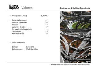 Valores                                              Engineering & Building Consultants



Presupuesto (2013)                   9,80 M€

Recursos humanos:                       117
Técnicos superiores                      49
Técnicos                                 12
Vigilantes de obra                       17
Encargados de laboratorio                11
Delineantes                              19
Administrativos                           9



Sedes en España:

Central:           Barcelona
Delegaciones:      Madrid y Bilbao




                                               BOMAINPASA Servicios globales de consultoría en ingeniería y edificación
 