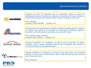NUEVA ERA EN EL ATLÁNTICO



Empresa del sector de materiales para la construcción. Desde su planta en
Barranquilla producirán cerámica para atender la demanda del mercado nacional e
internacional de países como Estados Unidos, Panamá, Costa Rica, entre otros.

País: Colombia
Inversión: USD 25.000.000    Empleos: 195


Empresa del sector metalmecánico, instalaron la planta de galvanizado por inmersión
en caliente más grande de la compañía en el Municipio de Malambo, Atlántico.
Atenderán el mercado regional y exportarán a los países del Caribe.

País: Estados Unidos - Colombia
Inversión: USD 1.000.000    Empleos: 150


Empresa de España, va a establecer una planta para la fabricación de toldos,
persianas, lonas y demás accesorios externos para ventanerías para atender al
mercado nacional y los mercados del caribe.



Empresa dedicada a la fabricación de botes de lujo para pesca. Se encuentran
ubicados en Zona Franca de Barranquilla, desde donde atienden mercados externos
como Venezuela e Italia.

País: Venezuela
 