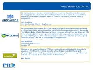 NUEVA ERA EN EL ATLÁNTICO


Es una empresa colombiana, perteneciente al sector metalmecánica, fabricantes de láminas,
tuberías y productos estructurales. Desarrolló una ampliación de su planta, donde contará con
laminación y galvanizado. Asimismo, tendrá un centro de servicios con calderas, hornos y
compresores.

País: Colombia
Inversión: USD$70 Millones    Empleos: 100

Es una empresa colombiana del Grupo Sala, especializada en la seguridad y cuidado ambiental
en el tratamiento de los residuos especiales biomédicos e industriales producidos en Barranquilla
y en la Costa Caribe del país. Cuenta con un horno incinerador rotatorio, más grande del país y de
Suramérica, creado con mano e ingeniería netamente nacional, y que tiene una capacidad para
procesar 1.000 kilogramos de residuos especiales por hora; y una celda de seguridad que puede
almacenar más de 2.000.000 de toneladas de residuos peligrosos.

País: Colombia
Inversión: USD$1.124.227
Empleos: 75

Adapting es una compañía del sector IT’S de origen español, especializada en el desarrollo de
soluciones informáticas de gestión documental. La apertura de una sede en Barranquilla
(Colombia) es consecuencia de dos factores: la necesidad de reducir costes en la producción de
software, y la búsqueda de nuevos mercados en Iberoamérica.

País: España
 
