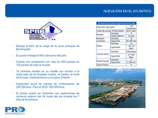 INFRAESTRUCTURA PORTUARIA
                                                                 NUEVA ERA EN EL ATLÁNTICO


                                                             Sociedad Portuaria Regional Barranquilla
                                                                                              100
                                                            Extensión del puerto
                                                                                           Hectáreas
                                                            Canal de acceso (Profundidad) 32.81 pies.
                                                                           Cantidad             6
                                                            Muelles
                                                                           Calado Máximo     32 pies
                                                            Bodegas        Cantidad            18
                                                            Cubiertas      Capacidad       50.408 mt2
                                                                           Cantidad            14
•   Maneja el 65% de la carga de la zona portuaria de       Patios
                                                                           Capacidad
                                                                                            126.737
                                                                                              Mts2
    Barranquilla
                                                                             Cantidad      8 Bodegas
                                                            Granel solido
•   El puerto maneja el 86% del acero del país.                              Capacidad
                                                                                            27. 904
                                                                                             Mts2
                                                                             Cantidad          2
                                                            Granel líquido
•   Cuenta con conexiones con más de 459 puertos en                          Capacidad     2.250 m3
    122 países de todo el mundo.                            Grúas Pórtico                      4


•   15 navieras recalan en su muelle con acceso a la
    costa este de los Estados Unidos, el Caribe, el norte
    de Europa, Centroamérica y el Lejano Oriente.

•   Capacidad anual de manejo de contenedores de
    200.000 teus. Para el 2033: 420.000 teus.

•   El primer puerto en Colombia con operaciones de
    comercio exterior las 24 horas del día durante los 7
    días de la semana.
 