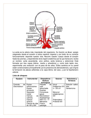 La aorta es la arteria más importante del organismo. Su función es llevar sangre
oxigenada desde el corazón a todos nuestros órganos y por tanto de su correcto
funcionamiento depende nuestra vida. Recorre nuestro cuerpo desde el corazón
hasta las piernas, y dependiendo de la región anatómica por la que transcurra recibe
un nombre: aorta ascendente, arco aórtico, aorta torácica y abdominal. Está
formada por tres capas (íntima, media y adventicia) y, como todo tejido vivo,
experimenta una evolución con el paso de los años. Estos cambios en su pared
están condicionados principalmente por la presencia de ateroesclerosis, que origina
la formación de placas adheridas a la capa íntima del vaso, y por la hipertensión
arterial.
Lista de chequeo
Equipos Instrumental Dispositivos
médicos
quirúrgicos
Suturas Soluciones y
fármacos
Consola de
Electrobisturí
Equipo
extracorpóreo
Equipo
accesorio
Separador
costal
Clamps de
satinsky
Clamps
aórticos
Clamps de clips
de 100 y 200
Paquete de
ropa
desechable
Guantes
Compresas
gasas
Electrobisturí
Aseptojeringa
HB # 15 – 11
Manubrios
Frasco de
patología
Vicryl /
Poliglactina 910
0 – 2/0 ct1
Monocryl /
poliglecaprone
4/0
Polipropileno /
Prolene0 6/0
Solución salina
tibia
Gentamicina
 