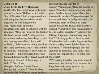 John 6:1-15                                   fish, but what are they for so
Jesus Feeds the Five Thousand                 many?‖ 10 Jesus said, ―Have the people sit
6 After this Jesus went away to the other     down.‖Now there was much grass in the
side of the Sea of Galilee, which is the      place. So the men sat down, about five
Sea of Tiberias. 2 And a large crowd was      thousand in number. 11 Jesus then took the
following him, because they saw the           loaves, and when he had given thanks, he
signs that he was doing on the                distributed them to those who were
sick. 3 Jesus went up on the                  seated. So also the fish, as much as they
mountain, and there he sat down with his      wanted. 12 And when they had eaten their
disciples. 4 Now the Passover, the feast of   fill, he told his disciples, ―Gather up the
the Jews, was at hand. 5 Lifting up his       leftover fragments, that nothing may be
eyes, then, and seeing that a large crowd     lost.‖ 13 So they gathered them up and
was coming toward him, Jesus said             filled twelve baskets with fragments from
to Philip, ―Where are we to buy bread, so     the five barley loaves left by those who
that these people may eat?‖ 6 He said this    had eaten. 14 When the people saw the
to test him, for he himself knew what he      sign that he had done, they said, ―This is
would do. 7 Philip answered him, ―Two         indeed the Prophet who is to come into
hundred denarii worth of bread would not      the world!‖
be enough for each of them to get a           15 Perceiving then that they were about to

little.‖ 8 One of his                         come and take him by force to make him
disciples, Andrew, Simon Peter's              king, Jesus withdrew again to the
brother, said to him, 9 ―There is a boy       mountain by himself
here who has five barley loaves and two
 
