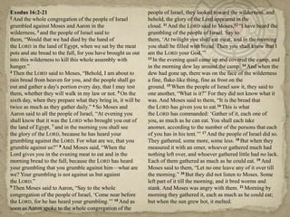 Exodus 16:2-21                                                people of Israel, they looked toward the wilderness, and
2 And the whole congregation of the people of Israel          behold, the glory of the Lord appeared in the
grumbled against Moses and Aaron in the                       cloud. 11 And the LORD said to Moses,12 ―I have heard the
wilderness, 3 and the people of Israel said to                grumbling of the people of Israel. Say to
them, ―Would that we had died by the hand of                  them, ‗At twilight you shall eat meat, and in the morning
the LORD in the land of Egypt, when we sat by the meat        you shall be filled with bread. Then you shall know that I
pots and ate bread to the full, for you have brought us out   am the LORD your God.‘‖
into this wilderness to kill this whole assembly with         13 In the evening quail came up and covered the camp, and

hunger.‖                                                      in the morning dew lay around the camp. 14 And when the
4 Then the LORD said to Moses, ―Behold, I am about to         dew had gone up, there was on the face of the wilderness
rain bread from heaven for you, and the people shall go       a fine, flake-like thing, fine as frost on the
out and gather a day's portion every day, that I may test     ground. 15 When the people of Israel saw it, they said to
them, whether they will walk in my law or not. 5 On the       one another, ―What is it?‖ For they did not know what it
sixth day, when they prepare what they bring in, it will be   was. And Moses said to them, ―It is the bread that
twice as much as they gather daily.‖ 6 So Moses and           the LORD has given you to eat.16 This is what
Aaron said to all the people of Israel, ―At evening you       the LORD has commanded: ‗Gather of it, each one of
shall know that it was the LORD who brought you out of        you, as much as he can eat. You shall each take
the land of Egypt, 7 and in the morning you shall see         anomer, according to the number of the persons that each
the glory of the LORD, because he has heard your              of you has in his tent.‘‖ 17 And the people of Israel did so.
grumbling against the LORD. For what are we, that you         They gathered, some more, some less. 18 But when they
grumble against us?‖ 8 And Moses said, ―When the              measured it with an omer, whoever gathered much had
Lord gives you in the evening meat to eat and in the          nothing left over, and whoever gathered little had no lack.
morning bread to the full, because the LORD has heard         Each of them gathered as much as he could eat. 19 And
your grumbling that you grumble against him—what are          Moses said to them, ―Let no one leave any of it over till
we? Your grumbling is not against us but against              the morning.‖ 20 But they did not listen to Moses. Some
the LORD.‖                                                    left part of it till the morning, and it bred worms and
9 Then Moses said to Aaron, ―Say to the whole                 stank. And Moses was angry with them. 21 Morning by
congregation of the people of Israel, ‗Come near before       morning they gathered it, each as much as he could eat;
the LORD, for he has heard your grumbling.‘‖ 10 And as        but when the sun grew hot, it melted.
soon as Aaron spoke to the whole congregation of the
 
