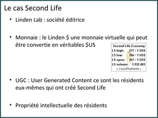 Le cas Second Life Linden Lab : société éditrice Monnaie : le Linden $ une monnaie virtuelle qui peut être convertie en véritables $US UGC : User Generated Content ce sont les résidents eux-mêmes qui ont créé Second Life Propriété intellectuelle des résidents 