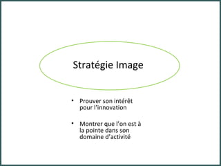 Stratégie Image Prouver son intérêt pour l’innovation Montrer que l’on est à la pointe dans son domaine d’activité 