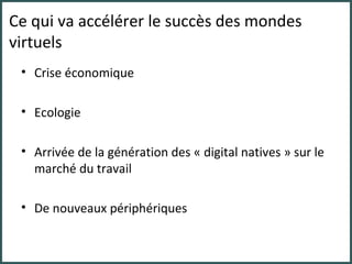 Ce qui va accélérer le succès des mondes virtuels Crise économique Ecologie Arrivée de la génération des « digital natives » sur le marché du travail De nouveaux périphériques 