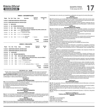 Diário Oficial
 GUARUJÁ
                                                                                                                                                      quarta-feira
                                                                                                                                                      13 de março de 2013
                                                                                                                                                                                             17
                                                                                                      relacionadas com a área de sua competência e atribuições da respectiva Secretaria Municipal.
                                                                                                                                                       SEÇÃO III
                                                                                                                                              Dos Demais Dirigentes
                                                                                                      Art. 4.º Aos Diretores, aos Coordenadores e aos Supervisores compete, dentro das normas e dire-
                                                                                                      trizes superiores da Administração Municipal, exercer as atribuições gerais expressamente defini-
                                                                                                      das no Anexo III, da Lei Municipal n.º 4.004, de 28 de fevereiro de 2013.
                                                                                                      Art. 5.º Aos demais dirigentes compete realizar atividades e tarefas específicas, definidas pelo seu
                                                                                                      chefe imediato, de acordo com as normas gerais estabelecidas na Lei Municipal n.º 4.004, de 28 de
                                                                                                      fevereiro de 2013, e nos demais dispositivos legais.
                                                                                                                                                      CAPÍTULO III
                                                                                                                                         DA COMPETÊNCIA DOS ÓRGÃOS
                                                                                                      Art. 6.º À Unidade de Controle Interno, Monitoramento e Fiscalização compete, na sua área de
                                                                                                      atribuições e competências, respeitadas as diretrizes fixadas pelo Controlador Geral do Município,
                                                                                                      cumprir o disposto nos incisos III, IV, VII, IX do artigo 8.º da Lei Municipal n.º 4.004, de 28 de feverei-
                                                                                                      ro de 2013, e desempenhar outras atividades afins, notadamente:
                                                                                                      I – exercer o controle dos procedimentos contábil, financeiro, orçamentário e patrimonial;
                                                                                                      II – proporcionar a transparência das ações governamentais;
                                                                                                      III – avaliar periodicamente a eficiência e eficácia do sistema de controle interno do Município de
                                                                                                      Guarujá, propondo as mudanças estruturais necessárias para seu melhor funcionamento;
                                                                                                      IV – criar manuais de boas práticas e de procedimentos;
                                                                                                      V – realizar auditorias in loco.
                                                                                                      Art. 7.º À Unidade de Acompanhamento ao Terceiro Setor compete:
                                                                                                      I – controlar e fiscalizar os repasses de subvenção para as entidades do Terceiro Setor;
                                                                                                      II – desempenhar outras atividades afins.
                                                                                                      Art. 8.º À Ouvidoria compete, na sua área de atribuições e competências, respeitadas as diretrizes
                                                                                                      fixadas pelo Controlador Geral do Município, cumprir o disposto nos incisos VIII e X do artigo 8.º
                                                                                                      da Lei Municipal n.º 4.004, de 28 de fevereiro de 2013, e desempenhar outras atividades afins,
                                                                                                      notadamente:
                                                                                                      I – manter o registro e o arquivamento das reclamações recebidas e das respostas enviadas aos
                                                                                                      reclamantes, dentro dos prazos fixados na legislação.
                                                                                                      Art. 9.º À Unidade de Gestão Administrativa e Financeira compete:
                                                                                                      I – em coordenação com as Secretarias Municipais de Planejamento e Gestão, de Finanças e de
                                                                                                      Administração, realizar os procedimentos administrativos e de gestão orçamentária e financeira
                                                                                                      necessários para a execução das atribuições desta Controladoria, dentro das normas superiores de
                                                                                                      delegações de competências;
                                                                                                      II – em coordenação com a Secretaria Municipal de Administração, organizar e executar atividades
                                                                                                      de suporte e apoio nos processos de gestão de pessoas desta Controladoria, dentro das normas
                                                                                                      superiores de delegações de competências;
                                                                                                      III – em coordenação com a Secretaria Municipal de Administração, realizar atividades de plane-
                                                                                                      jamento, suporte e supervisão dos processos de manutenção preventiva e corretiva dos bens pa-
                                                                                                      trimoniais da Prefeitura Municipal sob responsabilidade desta Controladoria, de acordo com os
                                                                                                      manuais, rotinas administrativas e as diretrizes gerais do Governo Municipal;
                                                                                                      IV – em coordenação com a Secretaria Municipal de Administração, organizar e executar ativida-
                                                                                                      des de armazenamento e suprimento de materiais sob responsabilidade desta Controladoria, de
                                                                                                      acordo com os manuais, rotinas administrativas e as diretrizes gerais do Governo Municipal;
                                     D E C R E T O N.º 10.269.                                        V – em coordenação com as Secretarias Municipais de Finanças, e de Planejamento e Gestão, or-
    “Dispõe sobre a Estrutura Regimental e o Quadro Demonstrativo dos Cargos em Comissão e            ganizar e executar atividades operacionais nos processos de gestão orçamentária e financeira sob
      das Funções Gratificadas da Controladoria Geral do Município e dá outras providências.”         responsabilidade desta Controladoria dentro das normas superiores de delegações de competên-
MARIA ANTONIETA DE BRITO, Prefeita Municipal de Guarujá, no uso das atribuições que lhe con-          cias e as diretrizes gerais do Governo Municipal;
fere o artigo 78, inciso V da Lei Orgânica do Município de Guarujá, e tendo em vista o disposto na    VI – coordenar e executar as atividades operacionais de suporte administrativo nos processos de
Lei Municipal n.º 4.004, de 28 de fevereiro de 2013;                                                  licitações, compras e aquisições sob responsabilidade desta Controladoria, dentro das normas su-
                                            DECRETA:                                                  periores de delegações de competências e as diretrizes gerais do Governo Municipal;
                                             CAPÍTULO I                                               VII – desempenhar outras atividades afins.
                                DA ESTRUTURA ORGANIZACIONAL                                                                                           CAPÍTULO IV
Art. 1.º A Controladoria Geral do Município tem a seguinte estrutura organizacional, vinculada ao                                           DAS DISPOSIÇÕES GERAIS
Controlador Geral do Município e ao Secretário Adjunto:                                               Art. 10.  Fica aprovada a Estrutura Organizativa da Controladoria Geral do Município, na forma do
I – Unidade de Controle Interno, Monitoramento e Fiscalização;                                        Anexo I, deste Decreto.
II – Unidade de Acompanhamento ao Terceiro Setor;                                                     Art. 11.  Fica aprovado o Quadro Demonstrativo dos Cargos em Comissão e das Funções Gratifica-
III – Ouvidoria;                                                                                      das da Controladoria Geral do Município, na forma do Anexo II, deste Decreto.
IV – Unidade de Gestão Administrativa e Financeira.                                                   Art. 12.  Este Decreto entra em vigor na data de sua publicação, retroagindo seus efeitos a 01 de
                                             CAPÍTULO II                                              março de 2013.
                                DAS ATRIBUIÇÕES DOS DIRIGENTES                                        Art. 13.  Revogam-se as disposições em contrário, em especial o Decreto n.º 9.203, de 31 de janeiro
                                               SEÇÃO I                                                de 2011.
                                Do Controlador Geral do Município                                                                           Registre-se e publique-se.
Art. 2.º  Ao Controlador Geral do Município compete desenvolver as atribuições expressamente                                 Prefeitura Municipal de Guarujá, 06 de março de 2013.
definidas no artigo 26 da Lei Municipal n.º 4.004, de 28 de fevereiro de 2013, relacionadas com a                                                      PREFEITA
área de sua competência e atribuições, descritas no artigo 8.º da mesma Lei Municipal.                “LEIN”/dll
                                               SEÇÃO II                                               Registrado no Livro Competente
                                     Do Secretário Adjunto da                                         “UAE GBPRE”, em 06.03.2013
                                  Controladoria Geral do Município                                    Débora de Lima Lourenço
Art. 3.º Ao Secretário Adjunto da Controladoria Geral do Município compete exercer as atribuições     Pront. n.º 11.901, que o digitei e assino
gerais expressamente definidas no Anexo III da Lei Municipal n.º 4.004, de 28 de fevereiro de 2013,
 