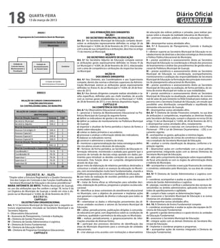 18                  quarta-feira
                    13 de março de 2013
                                                                                                                                                                     Diário Oficial
                                                                                                                                                                      GUARUJÁ
                                                                                 DAS ATRIBUIÇÕES DOS DIRIGENTES                        de educação das esferas públicas e privadas, para realizar pes-
                                                                                                SEÇÃO I                                quisas sobre a situação da realidade educativa do Município;
                                                                            DO SECRETÁRIO MUNICIPAL DE EDUCAÇÃO                        XI – promover debates públicos sobre a educação no Municí-
                                                                  Art. 2.º  Ao Secretário Municipal de Educação compete desen-         pio;
                                                                  volver as atribuições expressamente definidas no artigo 26 da        XII – desempenhar outras atividades afins.
                                                                  Lei Municipal n.º 4.004, de 28 de fevereiro de 2013, relacionadas    Art. 7.º À Assessoria de Planejamento, Controle e Avaliação
                                                                  com a área de sua competência e atribuições, descritas no artigo     compete:
                                                                  15 da mesma Lei Municipal.                                           I – oferecer suporte ao Secretário Municipal de Educação no es-
                                                                                               SEÇÃO II                                tabelecimento de diretrizes e decisões estratégicas direcionadas
                                                                             DO SECRETÁRIO ADJUNTO DE EDUCAÇÃO                         à Política Pública Educacional do Município;
                                                                  Art. 3.º Ao Secretário Adjunto de Educação compete exercer           II – prestar assistência e assessoramento direto ao Secretário
                                                                  as atribuições gerais expressamente definidas no Anexo III da        Municipal de Educação na coordenação e direção dos processos
                                                                  Lei Municipal n.º 4.004, de 28 de fevereiro de 2013, relacionadas    de levantamento e análise dos procedimentos de gestão educa-
                                                                  com a área de competência e atribuições da respectiva Secreta-       cional da Prefeitura Municipal de Guarujá;
                                                                  ria Municipal.                                                       III – prestar assistência e assessoramento direto ao Secretário
                                                                                               SEÇÃO III                               Municipal de Educação na coordenação, acompanhamento,
                                                                                       DOS DEMAIS DIRIGENTES                           monitoramento e avaliação das responsabilidades da Secretaria
                                                                  Art. 4.º Aos Diretores, aos Coordenadores e aos Supervisores         Municipal de Educação na formulação dos principais instrumen-
                                                                  compete, dentro das normas e diretrizes superiores da Adminis-       tos de planejamento educacional do Município;
                                                                  tração Municipal, exercer as atribuições gerais expressamente        IV – prestar assistência e assessoramento direto ao Secretário
                                                                  definidas no Anexo III, da Lei Municipal n.º 4.004, de 28 de feve-   Municipal de Educação na avaliação, de forma periódica, do sis-
                                                                  reiro de 2013.                                                       tema de ensino Municipal em todas as suas modalidades;
                                                                  Art. 5.º Aos demais dirigentes compete realizar atividades e ta-     V – prestar assistência e assessoramento direto ao Secretário
                                                                  refas específicas, definidas pelo seu chefe imediato, de acordo      Municipal de Educação na atualização, anualmente, do número
                                                                  com as normas gerais estabelecidas na Lei Municipal n.º 4.004,       real de salas de aula existente na Rede Estadual para realizar, em
                                                                  de 28 de fevereiro de 2013, e nos demais dispositivos legais.        parceria com a Secretaria Estadual de Educação, um estudo que
                                                                                             CAPÍTULO III                              possibilite uma distribuição compartilhada e equilibrada das
                                                                                   DA COMPETÊNCIA DOS ÓRGÃOS                           demandas educacionais de Guarujá;
                                                                  Art. 6.º Ao Observatório Educacional compete:                        VI – desempenhar outras atividades afins.
                                                                  I – gerenciar o Sistema de Monitoramento Educacional na Pre-         Art. 8.º À Diretoria de Gestão Financeira compete, na sua área
                                                                  feitura Municipal do Guarujá da seguinte forma:                      de atribuições e competências, respeitadas as diretrizes fixadas
                                                                  a) definir os indicadores de gestão e de resultado;                  pelo Secretário de Educação, cumprir o disposto no inciso XV do
                                                                  b) definir as cadeias de monitoramento na Prefeitura Municipal       artigo 15 da Lei Municipal n.º 4.004, de 28 de fevereiro de 2013,
                                                                  de Guarujá;                                                          e desempenhar outras atividades afins, notadamente:
                                                                  c) organizar e atualizar de forma periódica o banco de fontes e      I – elaborar, controlar e executar, em consonância com o Plano
                                                                  dados sobre educação;                                                Plurianual – PPA e Lei de Diretrizes Orçamentárias – LDO, o or-
                                                                  d) coletar os dados primários e secundários;                         çamento vigente;
                                                                  e) processar e analisar a informação obtida dos indicadores;         II – acompanhar os gastos, aplicações e mínimos legais;
                                                                  f) elaborar os indicadores norma;                                    III – realizar a prestação de contas de convênios e repasses fede-
                                                                  g) construir e administrar o sistema de sinais;                      rais e estaduais da Secretaria Municipal de Educação;
                                                                  II – monitorar a operacionalização das metas estratégicas defini-    IV – analisar a correta classificação da despesa, conforme a le-
                                                                  das nos planos anuais e decenais de educação;                        gislação vigente;
                                                                  III – fornecer, de forma periódica, ao Secretário de Educação in-    V – desenvolver ações em conformidade com a atual política
                                                                  formação relevante, monitorada e avaliada para garantir que o        governamental, integrando ações com as demais Diretorias da
                                                                  processo de tomada de decisão esteja apoiado em dados per-           Secretaria Municipal de Educação;
                                                                  tinentes para introduzir as devidas correções de rumo, quando        VI – zelar pelo cumprimento da legislação sobre responsabilida-
                                                                  necessário. Esta função deve ser cumprida obrigatoriamente           de fiscal, articulando-se com os órgãos da administração direta
                                                                  através de duas vias;                                                e indireta do Município;
                                                                  a) por meio da elaboração de relatórios periódicos destinados a      VII – acompanhar e controlar a execução financeira de contratos
                                                                  comunicar o estado atual e os avanços da educação no Municí-         e convênios celebrados pelo Município, na sua área de compe-
                                                                  pio, com recomendações muito bem fundamentadas, visando a            tência.
                    D E C R E T O N.º 10.275.                     melhoria progressiva da cobertura e qualidade da educação;           Art. 9.º À Diretoria de Gestão Administrativa e Logística com-
  “Dispõe sobre a Estrutura Regimental e o Quadro Demonstra-      b) por meio da realização de reuniões periódicas para debater        pete:
   tivo dos Cargos em Comissão e das Funções Gratificadas da      os resultados obtidos;                                               I – coordenar, acompanhar e avaliar as ações das equipes da Di-
   Secretaria Municipal de Educação e dá outras providências.”    IV – tratar de forma eficaz as informações para subsidiar deci-      retoria de Gestão Administrativa e Logística;
MARIA ANTONIETA DE BRITO, Prefeita Municipal de Guarujá,          sões, elaboração de políticas, programas e projetos na área edu-     II – planejar, coordenar e verificar o andamento dos serviços de-
no uso das atribuições que lhe confere o artigo 78, inciso V da   cacional;                                                            senvolvidos no âmbito administrativo, aplicando inclusive mé-
Lei Orgânica do Município de Guarujá, e tendo em vista o dis-     V – identificar as áreas vulneráveis do atendimento educacional      todos de aperfeiçoamento e agilidade;
posto na Lei Municipal n.º 4.004, de 28 de fevereiro de 2013;     no Município, com o objetivo de promover e implantar ações           III – cumprir e fazer cumprir as determinações legais;
                           DECRETA:                               que garantam a equidade de direitos à educação para todos os         IV – assessorar o Secretário Municipal de Educação e as outras
                            CAPÍTULO I                            munícipes;                                                           Diretorias em atividades correlatas;
               DA ESTRUTURA ORGANIZACIONAL                        VI – sistematizar os dados e informações provenientes das di-        V – desempenhar outras atividades afins.
Art. 1.º A Secretaria Municipal de Educação tem a seguinte es-    versas unidades escolares e setores da Secretaria Municipal de       Art. 10. À Diretoria de Ensino Fundamental compete:
trutura organizacional, vinculada ao Secretário Municipal e ao    Educação;                                                            I – coordenar, acompanhar, e avaliar as ações das equipes da Di-
Secretário Adjunto:                                               VII – editar, periodicamente, publicações dirigidas à comunida-      retoria de Educação Fundamental;
I – Observatório Educacional;                                     de educativa em geral, com diagnósticos sobre as condições de        II – garantir a gestão democrática e o apoio técnico às unidades
II – Assessoria de Planejamento, Controle e Avaliação;	           cobertura, qualidade e pertinência da educação no Município;         de Educação Fundamental;
III – Diretoria de Gestão Financeira;                             VIII – realizar, periodicamente, o geoprocessamento de infor-        III – assessorar o Secretário Municipal de Educação;
IV – Diretoria de Gestão Administrativa e Logística;              mações oriundas de diversas fontes;                                  IV – integrar ações com as demais Diretorias da Secretaria Mu-
V – Diretoria de Ensino Fundamental;                              IX – participar dos processos decisórios de identificação das        nicipal de Educação;
VI – Diretoria de Educação Infantil;                              áreas do Município disponíveis para a construção de unidades         V – implantar e coordenar projetos e programas;
VII – Diretoria de Programas Estratégicos Educacionais.           educacionais;                                                        VI – acompanhar ações de eventos integrados à Diretoria de
                            CAPÍTULO II                           X – criar alianças e/ou acordos com instituições e observatórios     Educação Fundamental;
 