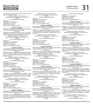 Diário Oficial
 GUARUJÁ
                                                                                                                                              quarta-feira
                                                                                                                                              13 de março de 2013
                                                                                                                                                                                  31
III (FG-S3), junto à Diretoria de Educação Fundamental, retroa-                Registre-se, publique-se e dê-se ciência.                            Secretário Municipal de Educação
gindo seus efeitos à 01.03.2013.                                      Prefeitura Municipal de Guarujá, 12 de março de 2013.         “SEDUC”/dll
              Registre-se, publique-se e dê-se ciência.                                        PREFEITA                             Registrada no Livro Competente
      Prefeitura Municipal de Guarujá, 12 de março de 2013.                       Secretário Municipal de Educação                  “UAE GBPRE”, em 12.03.2013
                              PREFEITA                            “SEDUC”/dll                                                       Débora de Lima Lourenço
                 Secretário Municipal de Educação                 Registrada no Livro Competente                                    Pront. n.º 11.901, que a digitei e assino
“SEDUC”/dll                                                       “UAE GBPRE”, em 12.03.2013
Registrada no Livro Competente                                    Débora de Lima Lourenço                                                               Portaria N.º 1494/2013.-
“UAE GBPRE”, em 12.03.2013                                        Pront. n.º 11.901, que a digitei e assino                         MARIA ANTONIETA DE BRITO, PREFEITA MUNICIPAL DE GUARUJÁ,
Débora de Lima Lourenço                                                                                                             no uso de suas atribuições que a Lei lhe confere;
Pront. n.º 11.901, que a digitei e assino                                             Portaria N.º 1490/2013.-                                                 RESOLVE:
                                                                  MARIA ANTONIETA DE BRITO, PREFEITA MUNICIPAL DE GUARUJÁ,          DESIGNAR a servidora REGINA LÚCIA RODRIGUES – Pront.
                    Portaria N.º 1486/2013.-                      no uso de suas atribuições que a Lei lhe confere;                 n.º 5.082, para responder como Coordenador III (FG-S3), jun-
MARIA ANTONIETA DE BRITO, PREFEITA MUNICIPAL DE GUARUJÁ,                                     RESOLVE:                               to à Diretoria de Educação Infantil, retroagindo seus efeitos à
no uso de suas atribuições que a Lei lhe confere;                 DESIGNAR a servidora EDNILSA BANDEIRA DE LIMA – Pront. n.º        01.03.2013.
                           RESOLVE:                               14.644, para responder como Supervisor III (FG-S6), junto à Di-                Registre-se, publique-se e dê-se ciência.
DESIGNAR o servidor VALDIR DA SILVA – Pront. n.º 14.463, para     retoria de Educação Fundamental, retroagindo seus efeitos à            Prefeitura Municipal de Guarujá, 12 de março de 2013.
responder como Supervisor II (FG-S5), junto à Diretoria de Edu-   01.03.2013.                                                                                    PREFEITA
cação Fundamental, retroagindo seus efeitos à 01.03.2013.                      Registre-se, publique-se e dê-se ciência.                            Secretário Municipal de Educação
             Registre-se, publique-se e dê-se ciência.                 Prefeitura Municipal de Guarujá, 12 de março de 2013.        “SEDUC”/dll
    Prefeitura Municipal de Guarujá, 12 de março de 2013.                                      PREFEITA                             Registrada no Livro Competente
                             PREFEITA                                             Secretário Municipal de Educação                  “UAE GBPRE”, em 12.03.2013
                Secretário Municipal de Educação                  “SEDUC”/dll                                                       Débora de Lima Lourenço
“SEDUC”/dll                                                       Registrada no Livro Competente                                    Pront. n.º 11.901, que a digitei e assino
Registrada no Livro Competente                                    “UAE GBPRE”, em 12.03.2013
“UAE GBPRE”, em 12.03.2013                                        Débora de Lima Lourenço                                                               Portaria N.º 1495/2013.-
Débora de Lima Lourenço                                           Pront. n.º 11.901, que a digitei e assino                         MARIA ANTONIETA DE BRITO, PREFEITA MUNICIPAL DE GUARUJÁ,
Pront. n.º 11.901, que a digitei e assino                                                                                           no uso de suas atribuições que a Lei lhe confere;
                                                                                       Portaria N.º 1491/2013.-                                                RESOLVE:
                    Portaria N.º 1487/2013.-                      MARIA ANTONIETA DE BRITO, PREFEITA MUNICIPAL DE GUARUJÁ,          DESIGNAR a servidora MARIA AUXILIADORA F. DE SOUSA –
MARIA ANTONIETA DE BRITO, PREFEITA MUNICIPAL DE GUARUJÁ,          usando das atribuições que a Lei lhe confere,                     Pront. n.º 11.598, para responder como Coordenador III (FG-S3),
no uso de suas atribuições que a Lei lhe confere;                                             RESOLVE:                              junto à Diretoria de Educação Infantil, retroagindo seus efeitos
                           RESOLVE:                               DESIGNAR a Sr.ª RENATA COGHE CARLOS, para o cargo de provi-       à 01.03.2013.
DESIGNAR a servidora ERIKA REGINA TROMBELLI MACHADO –             mento em comissão, símbolo DAS-12, de Diretor I de Educação                    Registre-se, publique-se e dê-se ciência.
Pront. n.º 12.896, para responder como Supervisor III (FG-S6),    Infantil, retroagindo seus efeitos à 01.03.2013.                       Prefeitura Municipal de Guarujá, 12 de março de 2013.
junto à Diretoria de Educação Fundamental, retroagindo seus                     Registre-se, publique-se e dê-se ciência.                                        PREFEITA
efeitos à 01.03.2013.                                                  Prefeitura Municipal de Guarujá, 12 de março de 2013.                        Secretário Municipal de Educação
             Registre-se, publique-se e dê-se ciência.                                         PREFEITA                             “SEDUC”/dll
     Prefeitura Municipal de Guarujá, 12 de março de 2013.                         Secretário Municipal de Educação                 Registrada no Livro Competente
                             PREFEITA                             “SEDUC”/dll                                                       “UAE GBPRE”, em 12.03.2013
                Secretário Municipal de Educação                  Registrada no Livro Competente                                    Débora de Lima Lourenço
“SEDUC”/dll                                                       “UAE GBPRE”, em 12.03.2013                                        Pront. n.º 11.901, que a digitei e assino
Registrada no Livro Competente                                    Débora de Lima Lourenço
“UAE GBPRE”, em 12.03.2013                                        Pront. n.º 11.901, que a digitei e assino                                             Portaria N.º 1496/2013.-
Débora de Lima Lourenço                                                                                                             MARIA ANTONIETA DE BRITO, PREFEITA MUNICIPAL DE GUARUJÁ,
Pront. n.º 11.901, que a digitei e assino                                             Portaria N.º 1492/2013.-                      no uso de suas atribuições que a Lei lhe confere;
                                                                  MARIA ANTONIETA DE BRITO, PREFEITA MUNICIPAL DE GUARUJÁ,                                     RESOLVE:
                    Portaria N.º 1488/2013.-                      no uso de suas atribuições que a Lei lhe confere;                 DESIGNAR a servidora SANDRA APARECIDA BUENO RIBEIRO –
MARIA ANTONIETA DE BRITO, PREFEITA MUNICIPAL DE GUARUJÁ,                                     RESOLVE:                               Pront. n.º 7.399, para responder como Coordenador III (FG-S3),
no uso de suas atribuições que a Lei lhe confere;                 DESIGNAR a servidora ANA MARIA LOPES DA NOVA – Pront.             junto à Diretoria de Educação Infantil, retroagindo seus efeitos
                           RESOLVE:                               n.º 17.012, para responder como Coordenador III (FG-S3), jun-     à 01.03.2013.
DESIGNAR o servidor MARCO ANTÔNIO DOS SANTOS – Pront.             to à Diretoria de Educação Infantil, retroagindo seus efeitos à                Registre-se, publique-se e dê-se ciência.
n.º 16.763, para responder como Supervisor III (FG-S6), junto à   01.03.2013.                                                            Prefeitura Municipal de Guarujá, 12 de março de 2013.
Diretoria de Educação Fundamental, retroagindo seus efeitos                    Registre-se, publique-se e dê-se ciência.                                         PREFEITA
à 01.03.2013.                                                          Prefeitura Municipal de Guarujá, 12 de março de 2013.                        Secretário Municipal de Educação
             Registre-se, publique-se e dê-se ciência.                                         PREFEITA                             “SEDUC”/dll
     Prefeitura Municipal de Guarujá, 12 de março de 2013.                        Secretário Municipal de Educação                  Registrada no Livro Competente
                             PREFEITA                             “SEDUC”/dll                                                       “UAE GBPRE”, em 12.03.2013
                Secretário Municipal de Educação                  Registrada no Livro Competente                                    Débora de Lima Lourenço
“SEDUC”/dll                                                       “UAE GBPRE”, em 12.03.2013                                        Pront. n.º 11.901, que a digitei e assino
Registrada no Livro Competente                                    Débora de Lima Lourenço
“UAE GBPRE”, em 12.03.2013                                        Pront. n.º 11.901, que a digitei e assino                                             Portaria N.º 1497/2013.-
Débora de Lima Lourenço                                                                                                             MARIA ANTONIETA DE BRITO, PREFEITA MUNICIPAL DE GUARUJÁ,
Pront. n.º 11.901, que a digitei e assino                                            Portaria N.º 1493/2013.-                       no uso de suas atribuições que a Lei lhe confere;
                                                                  MARIA ANTONIETA DE BRITO, PREFEITA MUNICIPAL DE GUARUJÁ,                                     RESOLVE:
                    Portaria N.º 1489/2013.-                      no uso de suas atribuições que a Lei lhe confere;                 DESIGNAR a servidora ZÉLIA LUZIA MUNIZ RODRIGUES – Pront.
MARIA ANTONIETA DE BRITO, PREFEITA MUNICIPAL DE GUARUJÁ,                                    RESOLVE:                                n.º 4.584, para responder como Supervisor III (FG-S6), junto
no uso de suas atribuições que a Lei lhe confere;                 DESIGNAR a servidora EDNA DA SILVA COSTA – Pront. n.º 7.444,      à Diretoria de Educação Infantil, retroagindo seus efeitos à
                           RESOLVE:                               para responder como Coordenador III (FG-S3), junto à Diretoria    01.03.2013.
DESIGNAR a servidora UMBELINA DANTAS DO NASCIMENTO SIL-           de Educação Infantil, retroagindo seus efeitos à 01.03.2013.                  Registre-se, publique-se e dê-se ciência.
VA – Pront. n.º 13.052, para responder como Supervisor III (FG-              Registre-se, publique-se e dê-se ciência.                   Prefeitura Municipal de Guarujá, 12 de março de 2013.
S6), junto à Diretoria de Educação Fundamental, retroagindo           Prefeitura Municipal de Guarujá, 12 de março de 2013.                                     PREFEITA
seus efeitos à 01.03.2013.                                                                   PREFEITA                                               Secretário Municipal de Educação
 