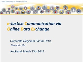 e-Justice Communication via
Online Data Exchange

 Corporate Registers Forum 2013
 Electronic IDs

 Auckland, March 13th 2013
 