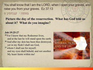 Picture the day of the resurrection. What has God told us
about it? What do you imagine?

Job 19:25-27
25 For I know that my Redeemer lives,

   and at the last he will stand upon the earth.
26 And after my skin has been thus destroyed,

   yet in my flesh I shall see God,
27 whom I shall see for myself,

   and my eyes shall behold, and not another.
   My heart faints within me!
 