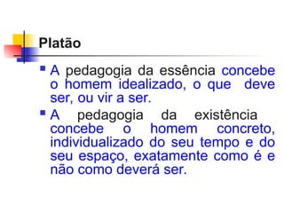 Platão
 A pedagogia da essência concebe
o homem idealizado, o que deve
ser, ou vir a ser.
 A pedagogia da existência
concebe o homem concreto,
individualizado do seu tempo e do
seu espaço, exatamente como é e
não como deverá ser.
 