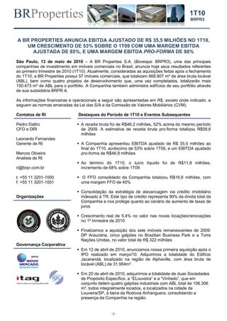 BRProperties
-1-
1T10
BRPR3
A BR PROPERTIES ANUNCIA EBITDA AJUSTADO DE R$ 35,5 MILHÕES NO 1T10,
UM CRESCIMENTO DE 53% SOBRE O 1T09 COM UMA MARGEM EBITDA
AJUSTADA DE 85%, E UMA MARGEM EBITDA PRO-FORMA DE 88%
São Paulo, 13 de maio de 2010 – A BR Properties S.A. (Bovespa: BRPR3), uma das principais
companhias de investimento em imóveis comerciais no Brasil, anuncia hoje seus resultados referentes
ao primeiro trimestre de 2010 (1T10). Atualmente, consideradas as aquisições feitas após o fechamento
do 1T10, a BR Properties possui 57 imóveis comerciais, que totalizam 868.807 m² de área bruta locável
(ABL), bem como quatro projetos de desenvolvimento que, uma vez completados, totalizarão mais
150.473 m² de ABL para o portfólio. A Companhia também administra edifícios de seu portfólio através
de sua subsidiária BRPR A.
As informações financeiras e operacionais a seguir são apresentadas em R$, exceto onde indicado, e
seguem as normas emanadas da Lei das S/A e da Comissão de Valores Mobiliários (CVM).
Contatos de RI
Pedro Daltro
CFO e DRI
Leonardo Fernandes
Gerente de RI
Marcos Oliveira
Analista de RI
ri@brpr.com.br
t: +55 11 3201-1000
f: +55 11 3201-1001
Organizações
Governança Corporativa
Destaques do Período de 1T10 e Eventos Subsequentes
 A receita bruta foi de R$46,2 milhões, 52% acima do mesmo período
de 2009. A estimativa de receita bruta pro-forma totalizou R$58,6
milhões
 A Companhia apresentou EBITDA ajustado de R$ 35,5 milhões ao
final do 1T10, acréscimo de 53% sobre 1T09, e um EBITDA ajustado
pro-forma de R$46,8 milhões
 Ao término do 1T10, o lucro líquido foi de R$11,8 milhões,
incremento de 68% sobre 1T09
 O FFO consolidado da Companhia totalizou R$16,6 milhões, com
uma margem FFO de 40%
 Consolidação da estratégia de alavancagem via crédito imobiliário
indexado à TR. Este tipo de crédito representa 90% da dívida total da
Companhia e nos protege quanto ao cenário de aumento de taxas de
juros
 Crescimento real de 5,4% no valor nas novas locações/renovações
no 1º trimestre de 2010
 Finalizamos a aquisição dos sete imóveis remanescentes de 2009:
DP Araucária, cinco galpões no Brazilian Business Park e a Torre
Nações Unidas, no valor total de R$ 322 milhões
 Em 12 de abril de 2010, anunciamos nossa primeira aquisição após o
IPO realizado em março/10. Adquirimos a totalidade do Edifício
Jacarandá, localizado na região de Alphaville, com área bruta de
locável (ABL) de 31.954m².
 Em 20 de abril de 2010, adquirimos a totalidade de duas Sociedades
de Propósito Específico, a “ELouveira” e a “Vinhedo”, que em
conjunto detém quatro galpões industriais com ABL total de 106.306
m², todos integralmente locados, e localizados na cidade de
Louveira/SP, à beira da Rodovia Anhanguera, consolidando a
presença da Companhia na região.
 