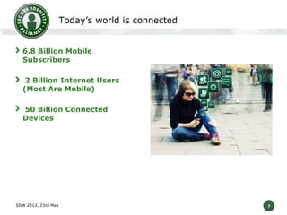 Today’s world is connected
6.8 Billion Mobile
Subscribers

2 Billion Internet Users
(Most Are Mobile)
50 Billion Connected
Devices

SDW 2013, 23rd May

3

 