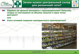 Logist'FEST 2013
Зачем нужен центральный склад
для розничной сети?
22
Перейти на прямые контракты с производителем? Получить
скидку от поставщика за объемы закупок и одну точку
доставки?
или
Стать основой создания конкурентного преимущества?
 