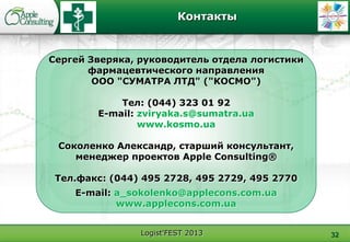 Logist'FEST 2013 32
Контакты
Сергей Зверяка, руководитель отдела логистики
фармацевтического направления
ООО "СУМАТРА ЛТД" ("КОСМО")
Тел: (044) 323 01 92
E-mail: zviryaka.s@sumatra.ua
www.kosmo.ua
Соколенко Александр, старший консультант,
менеджер проектов Apple Consulting®
Тел.факс: (044) 495 2728, 495 2729, 495 2770
E-mail: a_sokolenko@applecons.com.ua
www.applecons.com.ua
 
