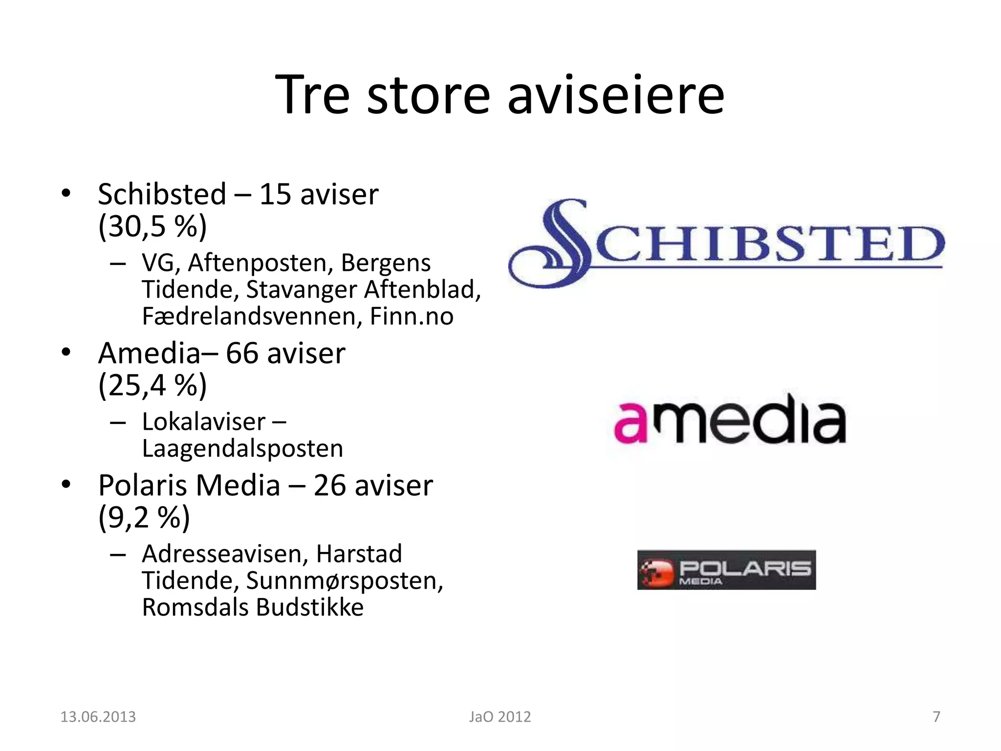 Tre store aviseiere
• Schibsted – 15 aviser
(30,5 %)
– VG, Aftenposten, Bergens
Tidende, Stavanger Aftenblad,
Fædrelandsvennen, Finn.no
• Amedia– 66 aviser
(25,4 %)
– Lokalaviser –
Laagendalsposten
• Polaris Media – 26 aviser
(9,2 %)
– Adresseavisen, Harstad
Tidende, Sunnmørsposten,
Romsdals Budstikke
13.06.2013 JaO 2012 7
 