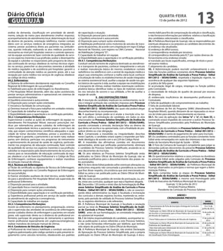 Diário Oficial
 GUARUJÁ
                                                                                                                                                     quarta-feira
                                                                                                                                                     13 de junho de 2012
                                                                                                                                                                                                  13
análise da demanda, classificação em prioridade de atendi-           de capacitação e atuação;                                            mento hábil para fins de comprovação da seleção e classificação,
mento, seleção de meios para atendimento (melhor resposta),          b) Disposição pessoal para a atividade;                              e não fornecerá informações por telefone relativo a classificação
acompanhamento do atendimento local, determinação do local           c) Equilíbrio emocional e autocontrole;                              dos candidatos selecionados e classificados.
de destino do paciente, orientação telefônica; manter contato        d) Disposição para cumprir ações orientadas;                         54. A Prefeitura Municipal de Guarujá, não se responsabiliza por
diário com os serviços médicos de emergência integrados ao           e) Habilitação profissional como motorista de veículos de trans-     eventuais despesas e ou prejuízos ao candidato decorrentes de:
sistema; prestar assistência direta aos pacientes nas ambulân-       porte de pacientes, de acordo com a legislação em vigor (Código      a) endereço não atualizado;
cias, quando indicado, realizando os atos médicos possíveis e        Nacional de Trânsito), com registro na CNH; Carteira Nacional        b) endereço de difícil acesso;
necessários ao nível pré-hospitalar; exercer o controle operacio-    de Habilitação Categoria “D”;                                        c) correspondência recebida por terceiros;
nal da equipe assistencial; fazer controle de qualidade do servi-    f ) Capacidade de trabalhar em equipe;                               d) correspondência devolvida pela ECT por razões diversas de
ço nos aspectos inerentes à sua profissão; avaliar o desempenho      g) Disponibilidade para a capacitação e re-certificação periódica.   fornecimento e/ou endereço errado;
da equipe e subsidiar os responsáveis pelo programa de educa-        44.4.1. Competências/Atribuições:                                    e) translado aos locais especificados, entrega de título e possí-
ção continuada do serviço; obedecer às normas técnicas vigen-        Conduzir veículo terrestre de urgência destinado ao atendimen-       vel exame médico;
tes no serviço; preencher os documentos inerentes à atividade        to e transporte de pacientes; conhecer integralmente o veículo       f ) alojamento do candidato.
do médico regulador e de assistência pré-hospitalar; garantir a      e realizar manutenção básica do mesmo; estabelecer contato           55. A Administração poderá rescindir unilateralmente o con-
continuidade da atenção médica ao paciente grave, até a sua          radiofônico (ou telefônico) com a central de regulação médica e      trato das funções públicas constantes deste Processo Seletivo
recepção por outro médico nos serviços de urgência; obedecer         seguir suas orientações; conhecer a malha viária local; conhecer     Simplificado de Análise de Currículo e Prova Prática - Edital
ao código de ética médica.                                           a localização de todos os estabelecimentos de saúde integrados       001/2012 – SESAU/SAMU, respeitada a legislação vigente, na
44.2. Enfermeiros:                                                   ao sistema assistencial local, auxiliar a equipe de saúde nos ges-   ocorrência de qualquer das seguintes hipóteses:
a) Diploma de enfermeiro devidamente registrado no Conselho          tos básicos de suporte à vida; auxiliar a equipe nas imobilizações   a) prática de falta grave;
Regional de Enfermagem de sua jurisdição;                            e transporte de vítimas; realizar medidas reanimação cardiores-      b) acumulação ilegal de cargos, empregos ou função pública
b) Habilitado para ações de enfermagem no Atendimento;               piratória básica; identificar todos os tipos de materiais existen-   pelo Contratado;
c) Pré-Hospitalar Móvel devendo, além das ações assistenciais,       tes nos veículos de socorro e sua utilidade, a fim de auxiliar a     c) necessidade de redução do quadro de pessoal por excesso
prestar serviços administrativos e operacionais em sistemas de       equipe de saúde.                                                     de despesa;
atendimento pré-hospitalar;                                                            X - DAS DISPOSIÇÕES FINAIS                         d) evidenciada insuficiência de desempenho profissional do
d) Equilíbrio emocional e autocontrole;                              45. A inscrição do candidato implicará no conhecimento, na tá-       Contratado;
e) Disposição para cumprir ações orientadas;                         cita e integral aceitação das condições impostas pelo Processo       e) falta de qualidade e de comprometimento ao trabalho;
f ) Iniciativa e facilidade de comunicação;                          Seletivo Simplificado de Análise de Currículo e Prova Prática        f ) falta de assiduidade laboral;
g) Destreza manual e física para trabalhar em unidades móveis;       - Edital 001/2012 - SESAU/SAMU, das quais não poderá alegar          g) na hipótese de fim do Programa SAMU (Atendimento Pré-
h) Capacidade de trabalhar em equipe;                                desconhecimento ou incompreensão.                                    hospitalar Móvel), quando deixarem de ser repassados os recur-
i) Disponibilidade para a capacitação e re-certificação periódica.   46. A qualquer tempo poder-se-á anular a inscrição e/ou tor-         sos da União para atender financeiramente ao mesmo.
44.2.1.Competências/Atribuições:                                     nar sem efeito a contratação do candidato, em todos os atos          55.1. No caso da aplicação das letras “a” e “e”, do item 55, o
Supervisionar e avaliar as ações de enfermagem da equipe no          relacionados ao Processo Seletivo Simplificado de Análise de         contratado estará impedido de concorrer a outros Processo Se-
Atendimento Pré-Hospitalar Móvel; executar prescrições mé-           Currículo e Prova Prática - Edital 001/2012 – SESAU/SAMU,            letivos Simplificados promovidos pela Prefeitura do Município
dicas por telemedicina; prestar cuidados de enfermagem de            quando constatada a omissão, declaração falsa ou diversa da          de Guarujá
maior complexidade técnica a pacientes graves e com risco de         que devia ser escrita e ou apresentada, com a finalidade de pre-     56. A inscrição do candidato no Processo Seletivo Simplificado
vida, que exijam conhecimentos científicos adequados e capa-         judicar direito ou criar obrigação.                                  de Análise de Currículo e Prova Prática – Edital 001/2012 –
cidade de tomar decisões imediatas; prestar a assistência de         46.1. Comprovada a inexatidão ou irregularidades descritas           SESAU/SAMU, é isento de pagamento de valor para inscrição.
enfermagem à gestante, a parturiente e ao recém nato; realizar       neste Capítulo, o candidato estará sujeito a responder por falsi-    57. Os candidatos contratados para as funções constantes neste
partos sem distócia; participar nos programas de treinamento         dade ideológica de acordo com o art.229 do Código Penal.             Edital serão remanejados em razão dos interesses e das necessi-
e aprimoramento de pessoal de saúde de urgência, particular-         47. A inexatidão das afirmativas contidas em documentos              dades da Secretaria Municipal de Saúde – SESAU.
mente nos programas de educação continuada; fazer controle           apresentados, ainda que verificadas posteriormente, eliminará        58. O Foro da Comarca de Guarujá é competente para julgar as
de qualidade do serviço nos aspectos inerentes à sua profissão;      o candidato do Processo Seletivo Simplificado, anulando-se os        demandas judiciais decorrentes do presente Processo Seletivo
subsidiar os responsáveis pelo desenvolvimento de recursos hu-       atos decorrentes da inscrição.                                       Simplificado de Análise de Currículo e Prova Prática – Edital
manos para as necessidades de educação continuada da equi-           48. Os atos relativos ao Processo Seletivo Simplificado serão        001/2012 – SESAU/SAMU.
pe; obedecer a Lei do Exercício Profissional e o Código de Ética     publicados no Diário Oficial do Município de Guarujá, não se         59. Os questionamentos relativos a casos omissos ou duvidosos
de Enfermagem; conhecer equipamentos e realizar manobras             aceitando justificativa para o desconhecimento dos prazos ne-        no presente Edital serão julgados pela Comissão do Processo
de extração manual de vítimas.                                       les assinalados.                                                     Seletivo Simplificado de Análise de Currículo e Prova Prática
44.3. Técnicos em Enfermagem:                                        48.1 Os itens deste Edital poderão sofrer eventuais alterações ou    - Edital 001/2012 – SESAU/SAMU, da Prefeitura Municipal de
a) Titular do certificado ou diploma de Técnico de Enfermagem,       acréscimos enquanto não consumada a providência ou evento            Guarujá, observados os princípios e normas que regem a Admi-
devidamente registrado no Conselho Regional de Enfermagem            que lhes disser respeito, circunstância que será mencionada em       nistração Pública.
de sua jurisdição;                                                   Edital ou aviso a ser publicado junto ao Diário Oficial do Muni-     60. Após cumpridas todas as etapas do Processo Seletivo
b) Exercer atividades auxiliares de nível técnico, sendo habilita-   cípio de Guarujá.                                                    Simplificado de Análise de Currículo e Prova Prática - Edital
do para o atendimento Pré-Hospitalar Móvel sob supervisão do         49. Não serão aceitos pedidos de revisão de pontuação, ou, ain-      001/2012 – SESAU/SAMU, o mesmo será Homologado pelo
profissional Enfermeiro;                                             da, vistas aos currículos, qualquer que seja a hipótese alegada.     Chefe do Executivo da Prefeitura Municipal de Guarujá.
c) Disposição pessoal para a atividade;                              50. Decorridos 120 (cento e vinte) dias da homologação do Pro-                           Guarujá, 12 de junho de 2012
d) Capacidade física e mental para a atividade;                      cesso Seletivo Simplificado de Análise de Currículo e Prova                               Armando Proença Ribeiro
e) Disposição para cumprir ações orientadas;                         Prática – Edital 001/2012 – SESAU/SAMU, e, não se caracteri-                     Presidente da Comissão do Processo Seletivo
f ) Disponibilidade para capacitação e re-certificação periódica;    zando óbice administrativo ou legal, é facultada a incineração
g) Experiência profissional prévia em serviço de saúde voltado       dos currículos e demais registros escritos, mantendo-se, entre-                                 ANEXO I
ao atendimento de urgências e emergências;                           tanto, pelo período de validade do Processo Seletivo Simplifica-                          CRONOGRAMA PREVISTO
h) Capacidade de trabalhar em equipe.                                do, os registros eletrônicos a ele referentes.                                                 EVENTO
                                                                                                                                                                                                           DATAS
44.3.1.Competências/Atribuições:                                     51. À Prefeitura Municipal de Guarujá, é facultada a anulação                                                                       PROVÁVEIS
Assistir ao enfermeiro no planejamento, programação, orienta-        parcial ou total do Processo Seletivo Simplificado de Análi-         Preenchimento de Ficha de Inscrição e Entrega de Currículos     13 a 15 de
                                                                                                                                          e Documentos                                                  junho de 2012
ção e supervisão das atividades de assistência de enfermagem;        se de Currículo e Prova Prática - Edital 001/2012 – SESAU/            Publicação no Diário Oficial do Município de Guarujá da Lista
prestar cuidados diretos de enfermagem a pacientes em estado         SAMU, antes de sua homologação, se constatada irregularida-          de Inscritos e Convocação para a Prova Prática dos Condutores
                                                                                                                                                                                                         16 de junho de
                                                                                                                                                                                                             2012
grave, sob supervisão direta ou à distância do profissional en-      de substancial insanável.                                            de Veículos de Urgência
fermeiro; participar de programas de treinamento e aprimora-         52. É de inteira responsabilidade do candidato, acompanhar to-       Prova Prática para os Condutores de Veículos de Urgência
                                                                                                                                                                                                         17 de junho de
mento profissional especialmente em urgências/emergências;           das as publicações e avisos referentes a este Processo Seletivo,                                                                        2012
realizar manobras de extração manual de vítimas.                     e não serão fornecidas informações por telefone, que tenham          Publicação no Diário Oficial do Município de Guarujá da Lista  20 de junho de
                                                                                                                                          Preliminar de Classificação                                        2012
44.4. Condutores de Veículos de Urgência:                            sido objeto de publicação no Diário Oficial do Município.            Data reservada para interposição de recurso referente a Lista  21 de junho de
a) Profissional de nível básico habilitado a conduzir veículos de    53. A Prefeitura Municipal de Guarujá, não emitirá Declaração        Preliminar de Classificação                                        2012
urgência padronizados pelo código sanitário e pelo presente re-      de Aprovação do Processo Seletivo Simplificado, pois a própria       Publicação no Diário Oficial do Município de Guarujá da Lista  23 de junho de
gulamento como veículos terrestres, obedecendo aos padrões           publicação no Diário Oficial do Município de Guarujá, é docu-        de Classificação Final e Homologação                               2012
 