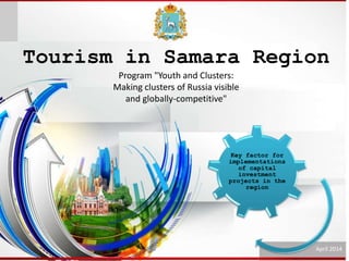 Tourism in Samara Region
Program "Youth and Clusters:
Making clusters of Russia visible
and globally-competitive"
Key factor for
implementations
of capital
investment
projects in the
region
April 2014
 