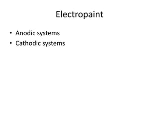 Electropaint
• Anodic systems
• Cathodic systems
 