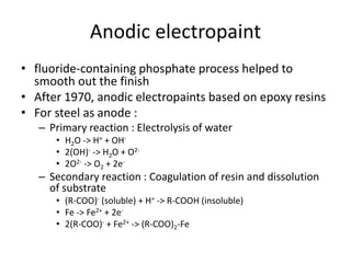 Anodic electropaint
• fluoride-containing phosphate process helped to
smooth out the finish
• After 1970, anodic electropaints based on epoxy resins
• For steel as anode :
– Primary reaction : Electrolysis of water
• H2O -> H+ + OH-
• 2(OH)- -> H2O + O2-
• 2O2- -> O2 + 2e-
– Secondary reaction : Coagulation of resin and dissolution
of substrate
• (R-COO)- (soluble) + H+ -> R-COOH (insoluble)
• Fe -> Fe2+ + 2e-
• 2(R-COO)- + Fe2+ -> (R-COO)2-Fe
 