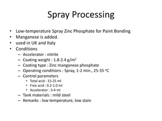 Spray Processing
• Low-temperature Spray Zinc Phosphate for Paint Bonding
• Manganese is added.
• used in UK and Italy
• Conditions
– Accelerator : nitrite
– Coating weight : 1.8-2.4 g/m2
– Coating type : Zinc manganese phosphate
– Operating conditions : Spray, 1-2 min., 25-35 oC
– Control parameters
• Total acid : 15-25 ml
• Free acid : 0.2-1.0 ml
• Accelerator : 3-4 ml
– Tank materials : mild steel
– Remarks : low temperature, low stain
 