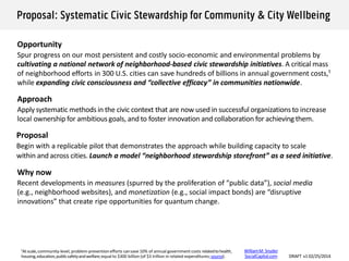 Civic Stewardship: Achieve societal change via vital cities & communities
Cities have a large and growing influence on societal outcomes
Communities are elemental, catalytic components of cities
We can achieve breakthroughs via new forms of community-institution collaboration
William M. Snyder – wmsnyder@gmail.com – www.civicstewardship.com – Overview
 