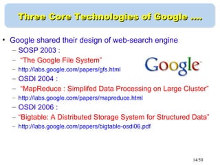 14/50
Three Core Technologies of Google ....Three Core Technologies of Google ....
• Google shared their design of web-search engine
– SOSP 2003 :
– “The Google File System”
– http://labs.google.com/papers/gfs.html
– OSDI 2004 :
– “MapReduce : Simplifed Data Processing on Large Cluster”
– http://labs.google.com/papers/mapreduce.html
– OSDI 2006 :
– “Bigtable: A Distributed Storage System for Structured Data”
– http://labs.google.com/papers/bigtable-osdi06.pdf
 
