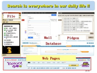18/50
Search is everywhere in our daily life !!Search is everywhere in our daily life !!Search is everywhere in our daily life !!Search is everywhere in our daily life !!
FileFile
MailMail PidgenPidgen
DatabaseDatabase
Web PagesWeb Pages
 