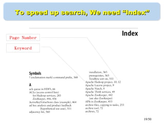19/50
To speed up search, We need “Index”To speed up search, We need “Index”
Keyword
Page Number
 